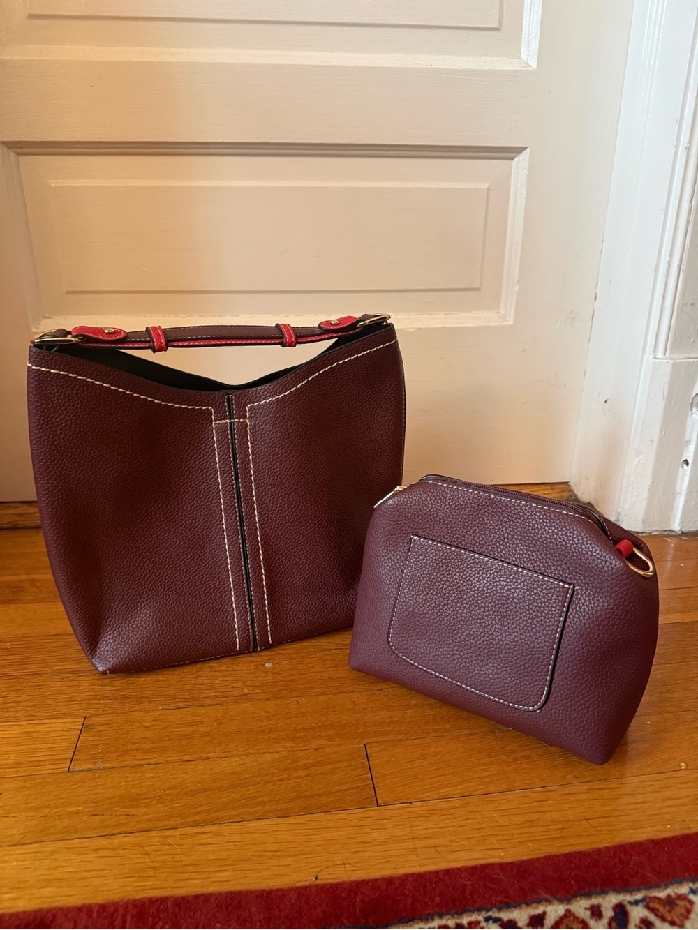 Burgundy Pebbled Leather Tote & Pouch Set